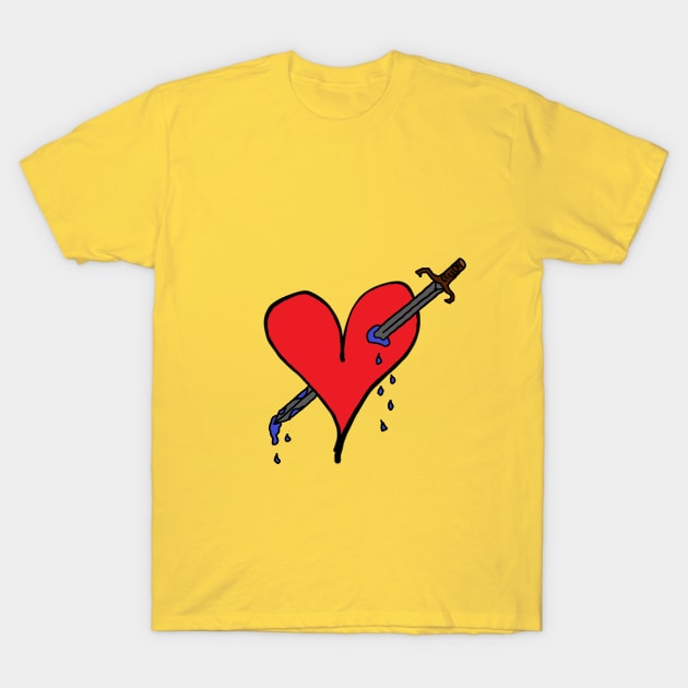 red heart that was bleeding blue by a sword that ripped it! A cute, pretty, beautiful red heart drawing which is ruptured by sword. T-Shirt by Blue Heart Design